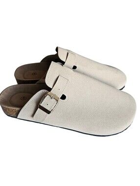 Beige Suede Clog Mules with Buckle